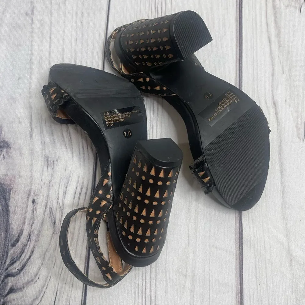 Plume by Farylrobin Black Slingback Chunky 4'' Pumps Block Heels Womens Size 7.5